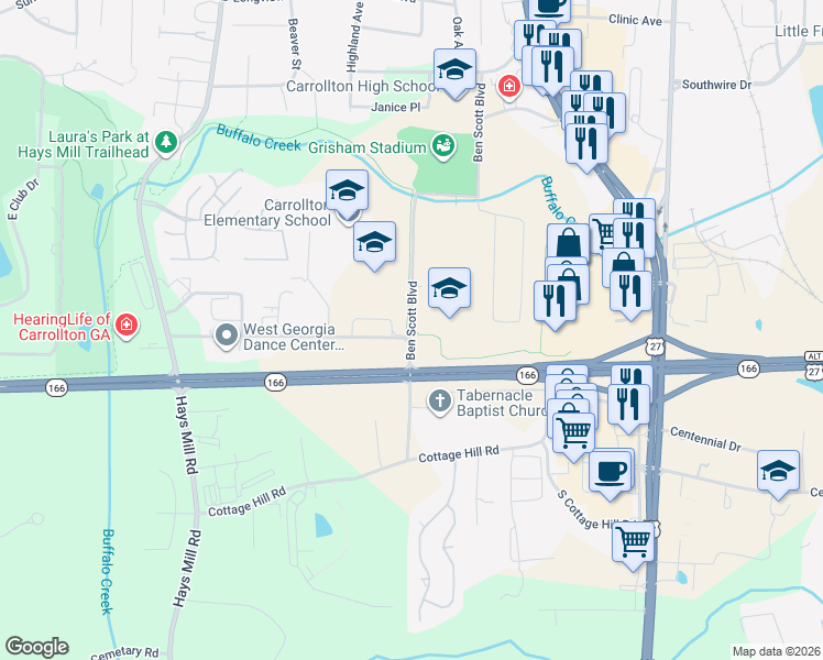 map of restaurants, bars, coffee shops, grocery stores, and more near Ben Scott Boulevard in Carrollton
