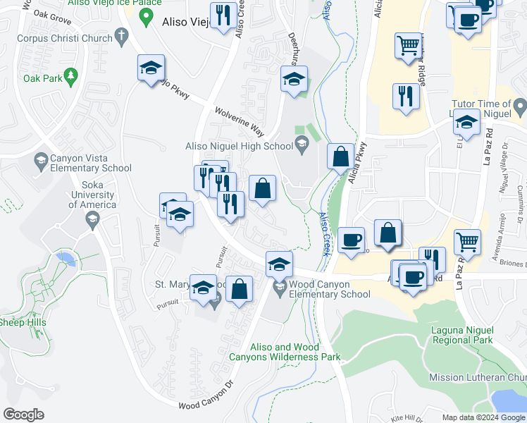 map of restaurants, bars, coffee shops, grocery stores, and more near 132 Matisse Circle in Aliso Viejo