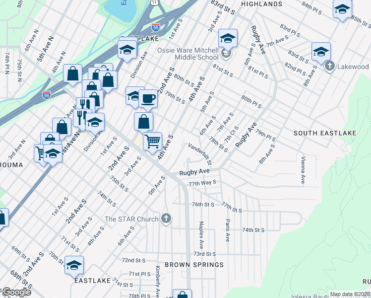 map of restaurants, bars, coffee shops, grocery stores, and more near 501 Vanderbilt Street in Birmingham