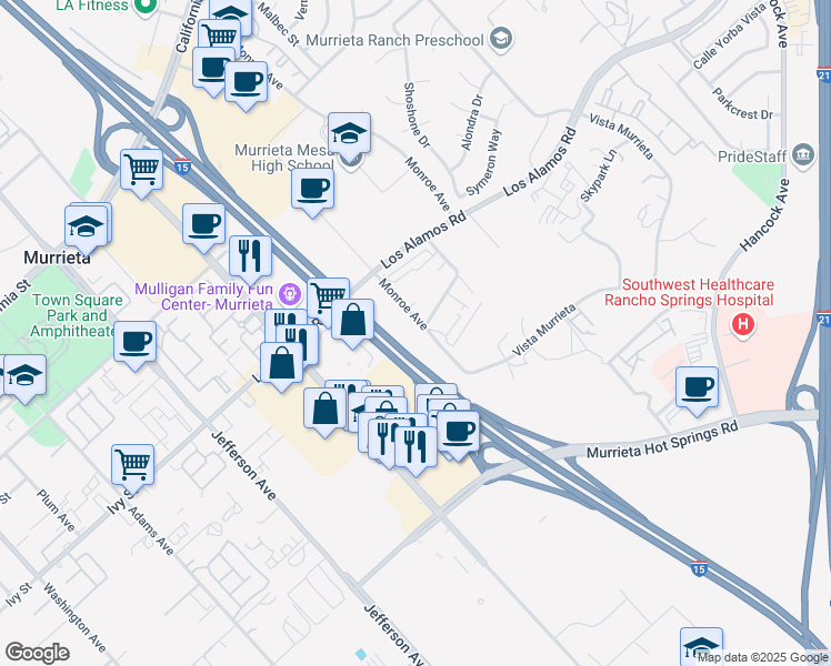 map of restaurants, bars, coffee shops, grocery stores, and more near 25189 Monroe Avenue in Murrieta