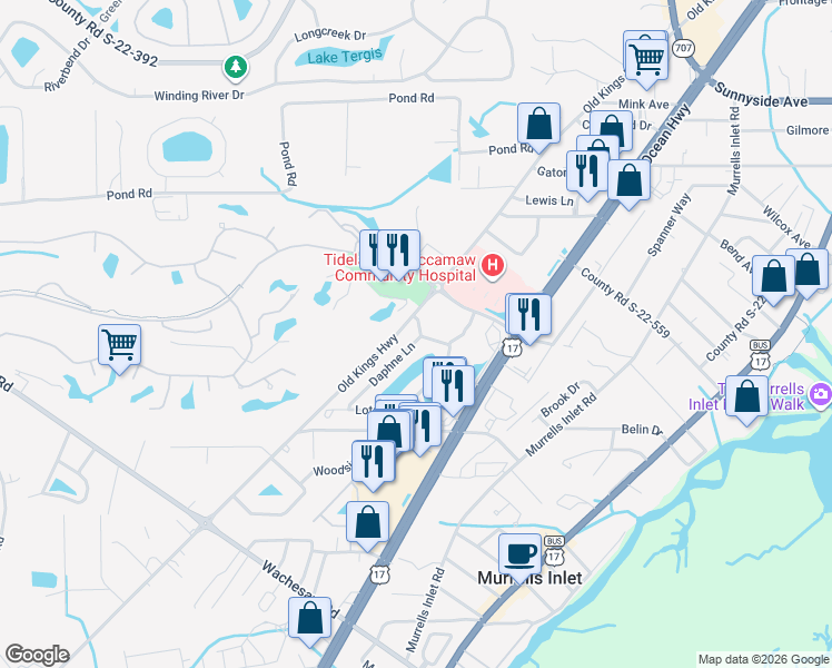 map of restaurants, bars, coffee shops, grocery stores, and more near 4394 Daphne Lane in Murrells Inlet