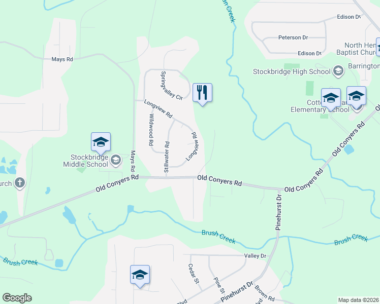 map of restaurants, bars, coffee shops, grocery stores, and more near 125 Longview Road in Stockbridge