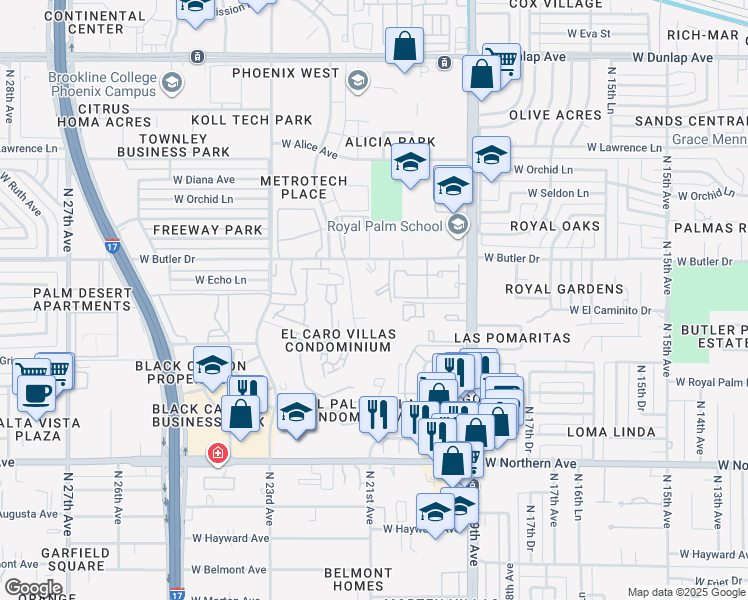 map of restaurants, bars, coffee shops, grocery stores, and more near 2041 West Butler Drive in Phoenix