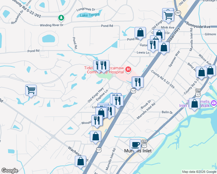 map of restaurants, bars, coffee shops, grocery stores, and more near 4370 Crepe Myrtle Court in Murrells Inlet