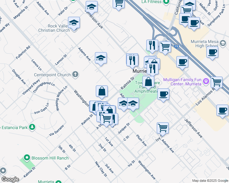 map of restaurants, bars, coffee shops, grocery stores, and more near 24585 Adams Avenue in Murrieta