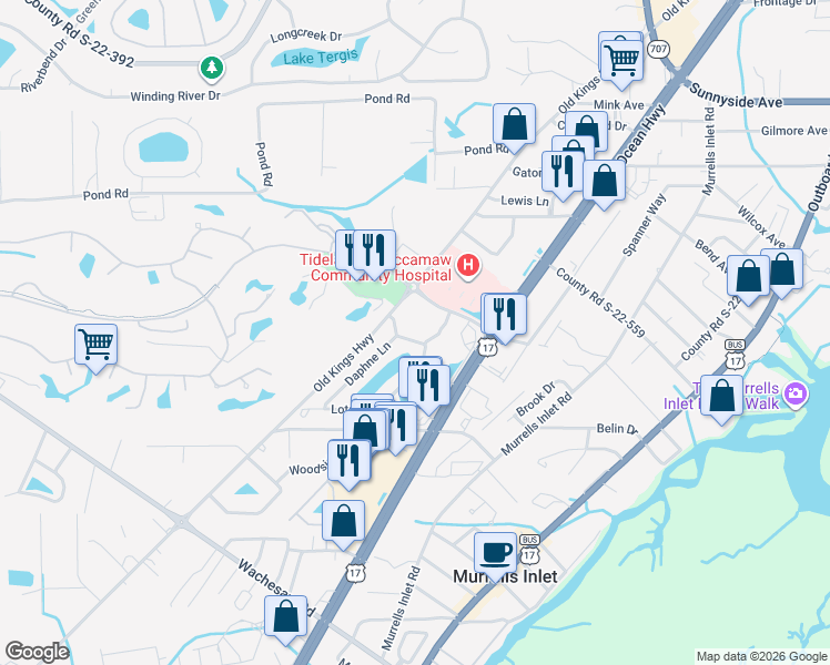 map of restaurants, bars, coffee shops, grocery stores, and more near 4376 Crepe Myrtle Court in Murrells Inlet