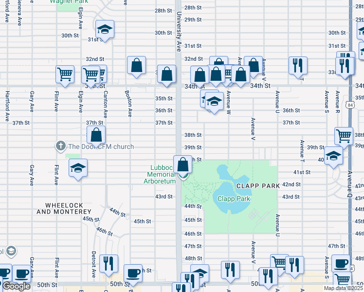 map of restaurants, bars, coffee shops, grocery stores, and more near 2413 38th Street in Lubbock