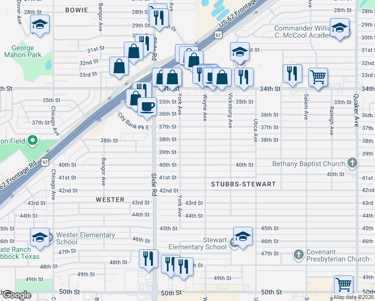 map of restaurants, bars, coffee shops, grocery stores, and more near 5009 38th Street in Lubbock