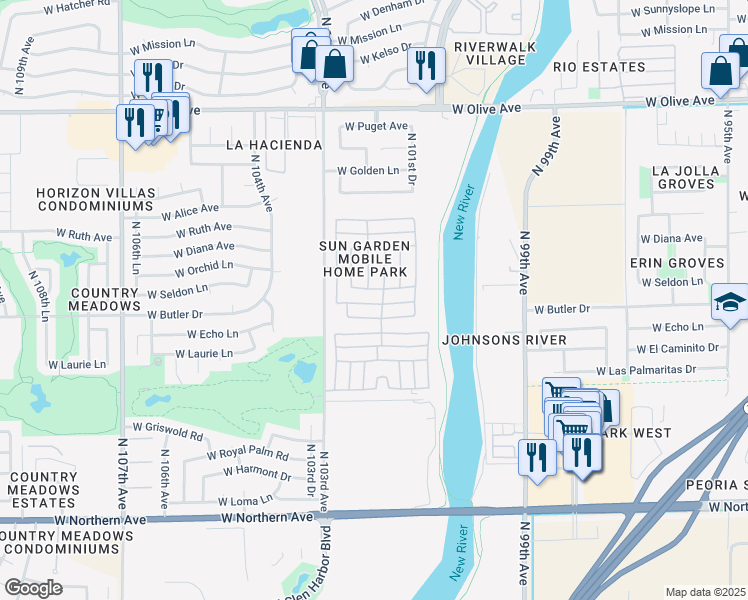 map of restaurants, bars, coffee shops, grocery stores, and more near South Ironwood in Peoria