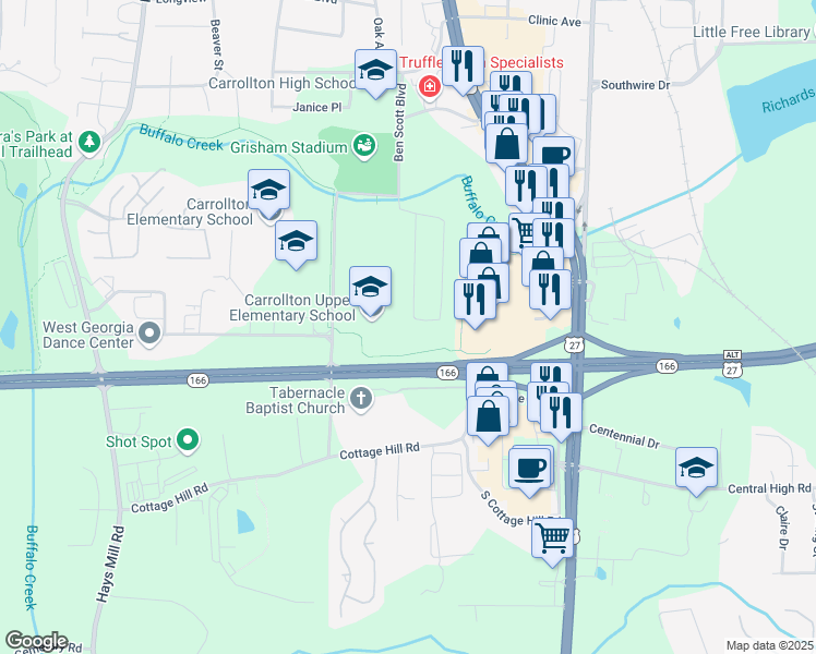 map of restaurants, bars, coffee shops, grocery stores, and more near 121 East Allison in Carrollton