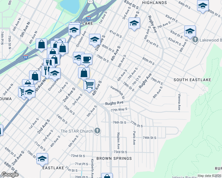 map of restaurants, bars, coffee shops, grocery stores, and more near 501 Vanderbilt Street in Birmingham