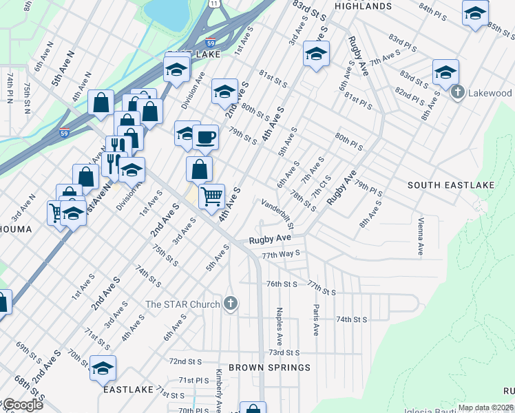 map of restaurants, bars, coffee shops, grocery stores, and more near 501 Vanderbilt Street in Birmingham
