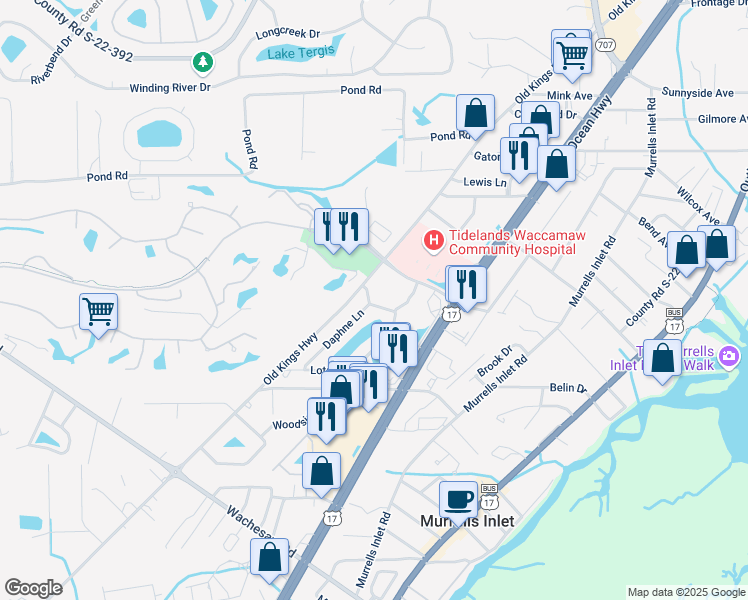 map of restaurants, bars, coffee shops, grocery stores, and more near 4374 Crepe Myrtle Court in Murrells Inlet