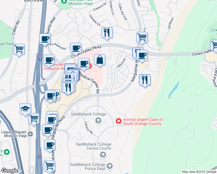 map of restaurants, bars, coffee shops, grocery stores, and more near 27837 Emerald in Mission Viejo