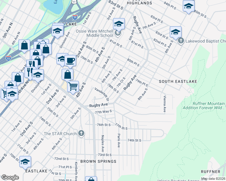 map of restaurants, bars, coffee shops, grocery stores, and more near 7804 7th Court South in Birmingham