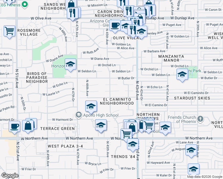 map of restaurants, bars, coffee shops, grocery stores, and more near 4423 West Echo Lane in Glendale