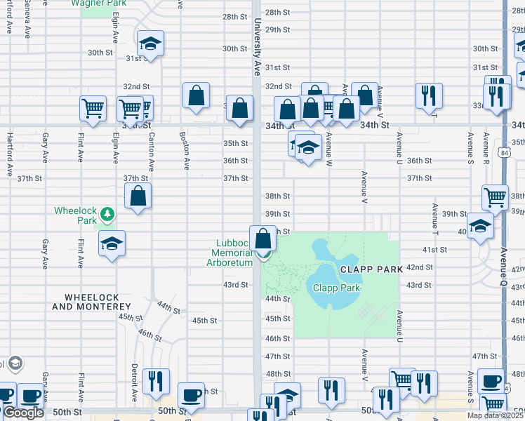 map of restaurants, bars, coffee shops, grocery stores, and more near 2413 38th Street in Lubbock