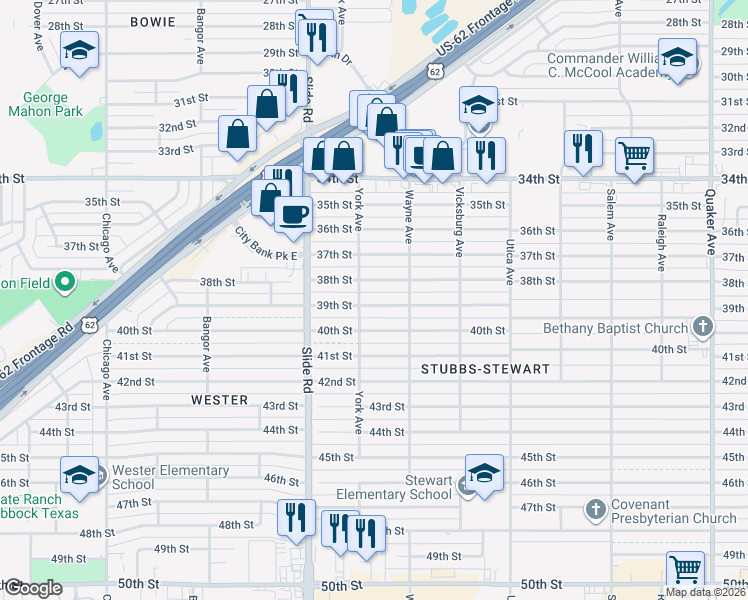map of restaurants, bars, coffee shops, grocery stores, and more near 5009 38th Street in Lubbock