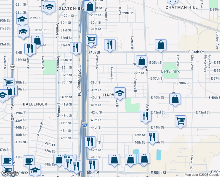 map of restaurants, bars, coffee shops, grocery stores, and more near 512 39th Street in Lubbock