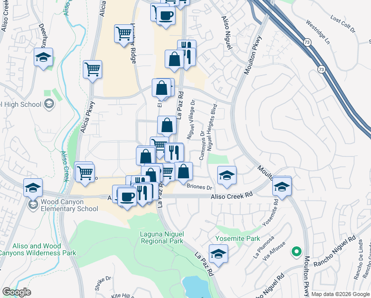 map of restaurants, bars, coffee shops, grocery stores, and more near 24201 Natalie Rae Lane in Laguna Niguel