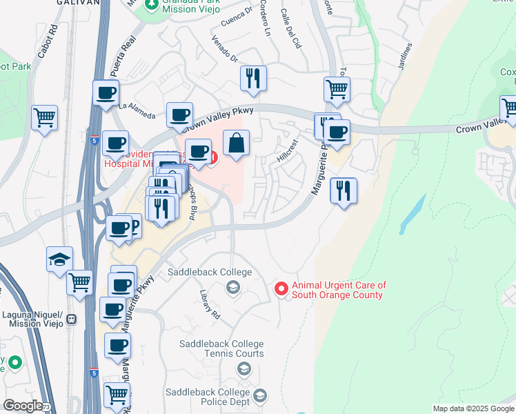 map of restaurants, bars, coffee shops, grocery stores, and more near 27791 Zircon in Mission Viejo