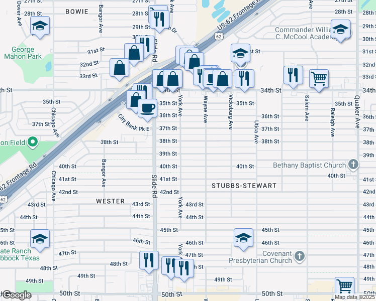 map of restaurants, bars, coffee shops, grocery stores, and more near 5018 39th Street in Lubbock