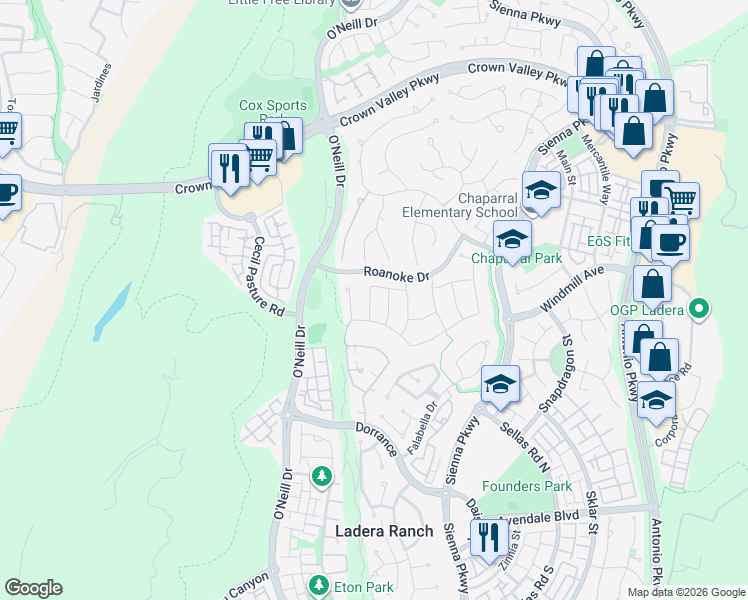 map of restaurants, bars, coffee shops, grocery stores, and more near 5 Kingsway Drive in Mission Viejo
