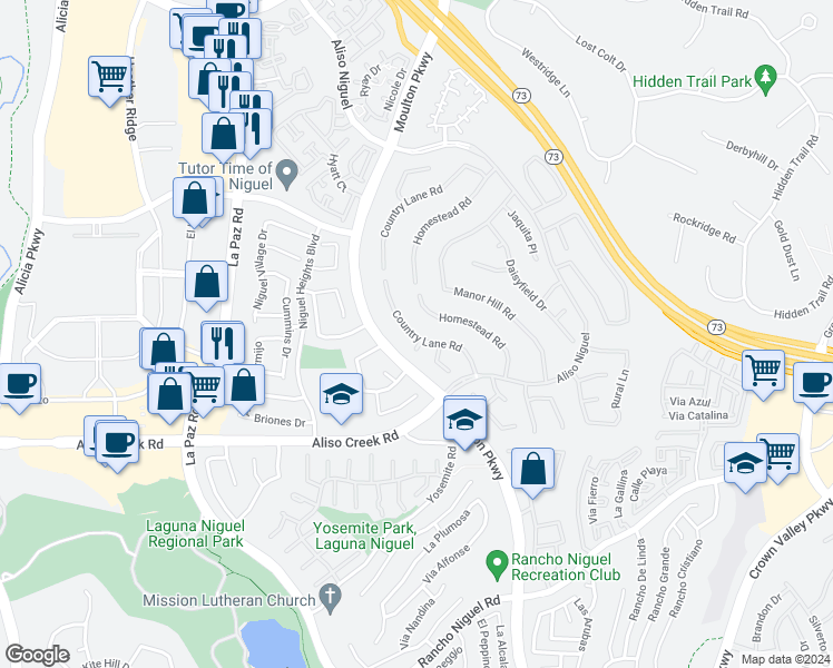 map of restaurants, bars, coffee shops, grocery stores, and more near 27794 Country Lane Road in Laguna Niguel