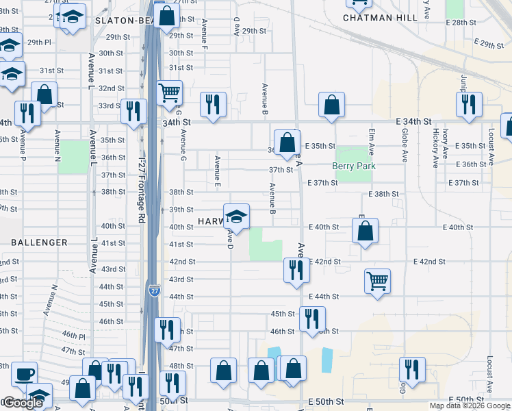 map of restaurants, bars, coffee shops, grocery stores, and more near 3800 Avenue B in Lubbock