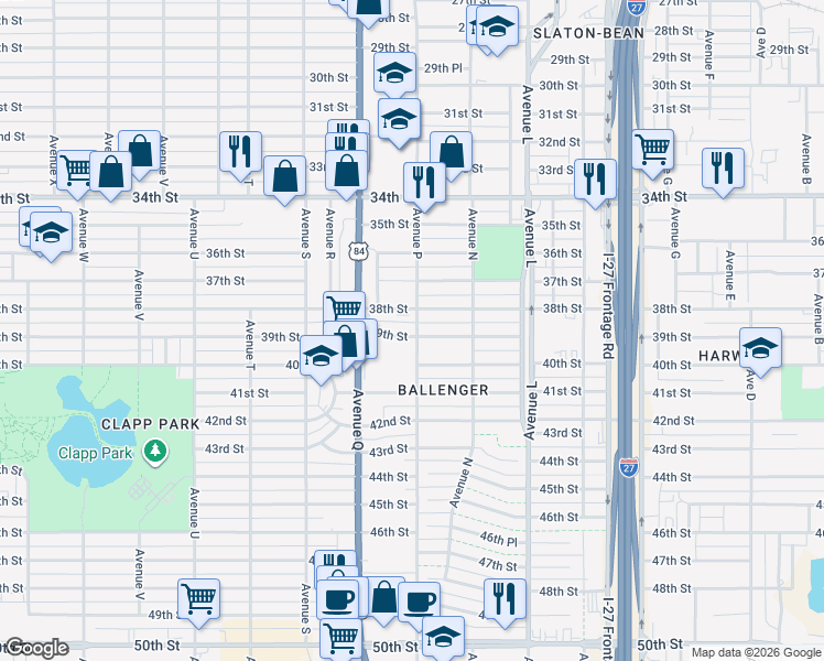 map of restaurants, bars, coffee shops, grocery stores, and more near 1519 38th Street in Lubbock