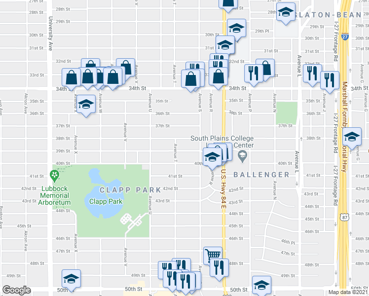 map of restaurants, bars, coffee shops, grocery stores, and more near 1915 38th Street in Lubbock