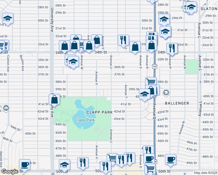 map of restaurants, bars, coffee shops, grocery stores, and more near 2101 38th Street in Lubbock