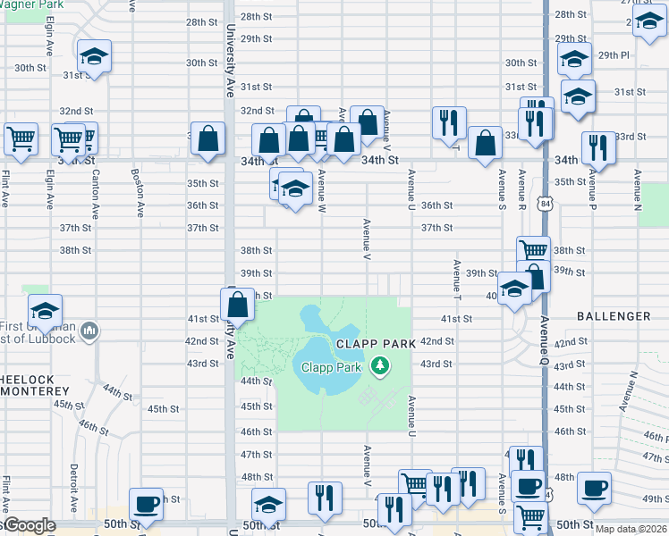 map of restaurants, bars, coffee shops, grocery stores, and more near 2211 38th Street in Lubbock
