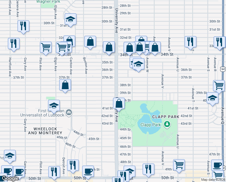 map of restaurants, bars, coffee shops, grocery stores, and more near 2505 38th Street in Lubbock