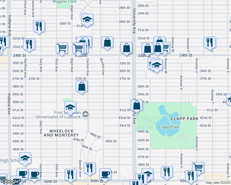map of restaurants, bars, coffee shops, grocery stores, and more near 2519 38th Street in Lubbock