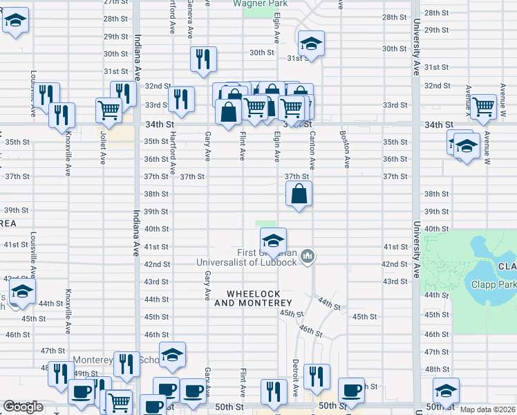 map of restaurants, bars, coffee shops, grocery stores, and more near 3009 38th Street in Lubbock