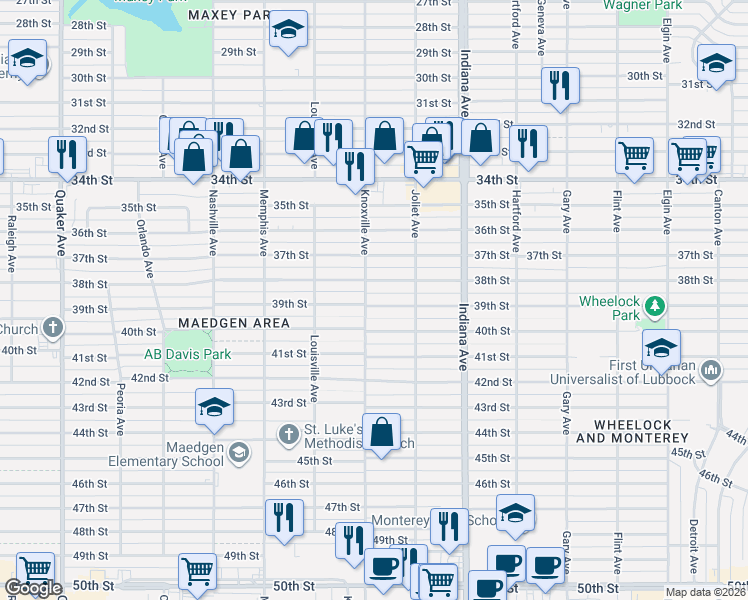map of restaurants, bars, coffee shops, grocery stores, and more near 3519 38th Street in Lubbock