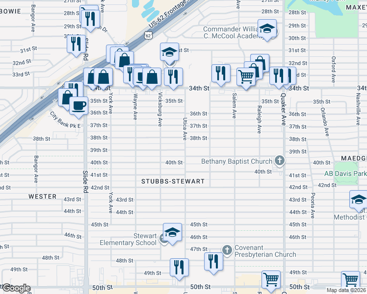 map of restaurants, bars, coffee shops, grocery stores, and more near 4809 38th Street in Lubbock
