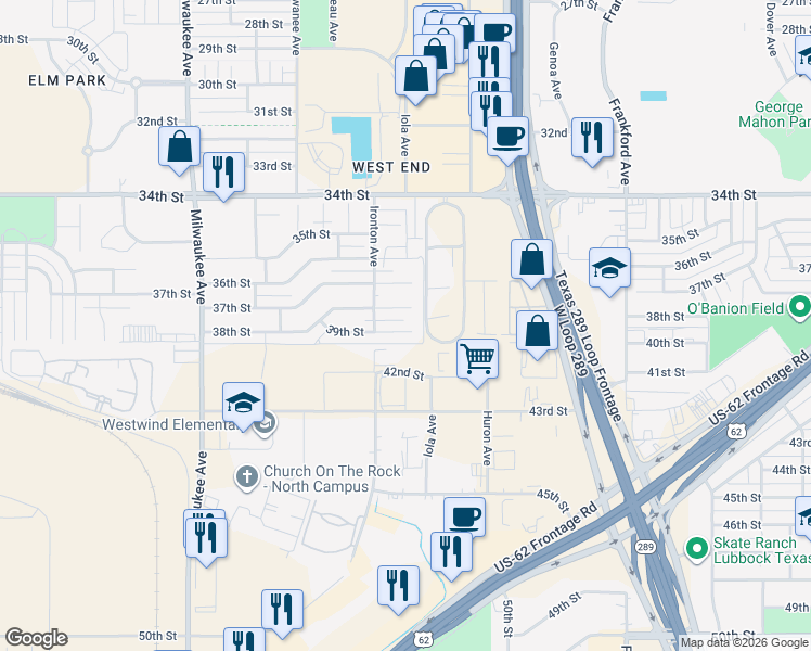map of restaurants, bars, coffee shops, grocery stores, and more near 6113 38th Street in Lubbock
