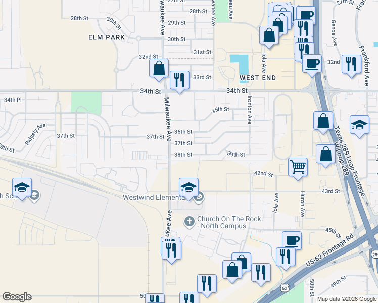 map of restaurants, bars, coffee shops, grocery stores, and more near 6413 37th Street in Lubbock