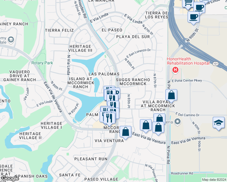 map of restaurants, bars, coffee shops, grocery stores, and more near in Scottsdale