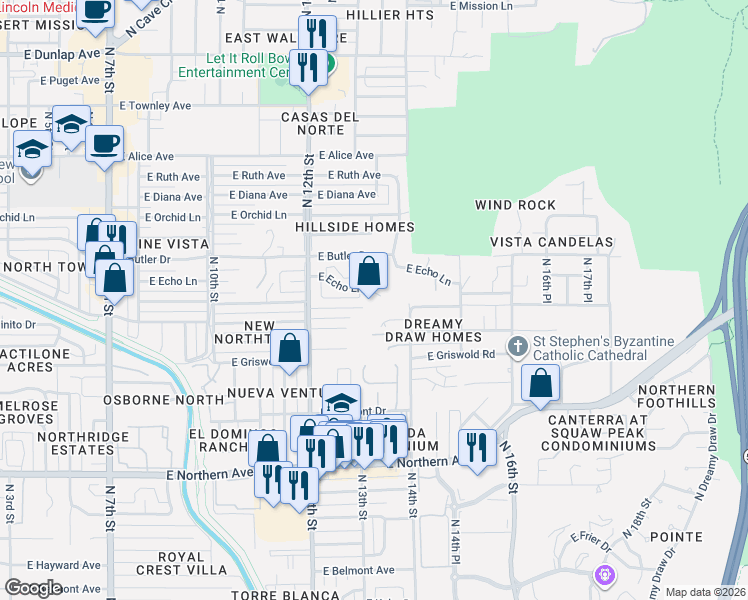 map of restaurants, bars, coffee shops, grocery stores, and more near 1246 East Echo Lane in Phoenix