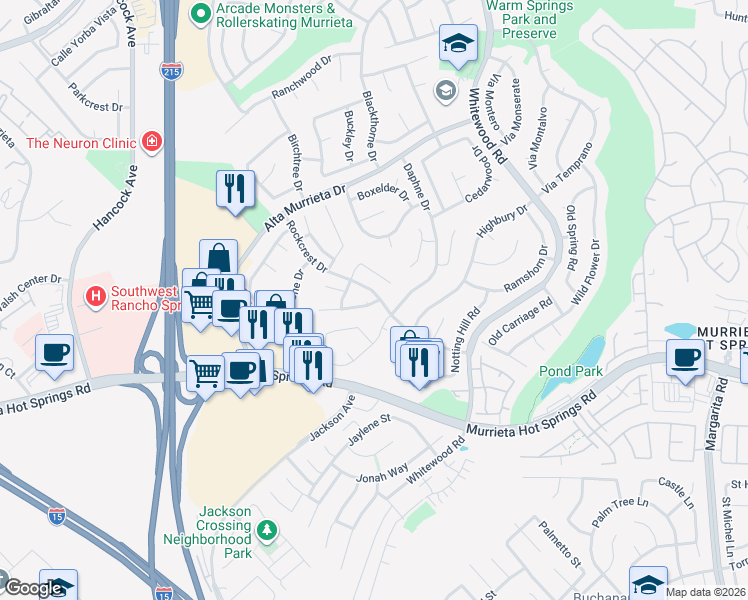 map of restaurants, bars, coffee shops, grocery stores, and more near 25758 Midas Court in Murrieta