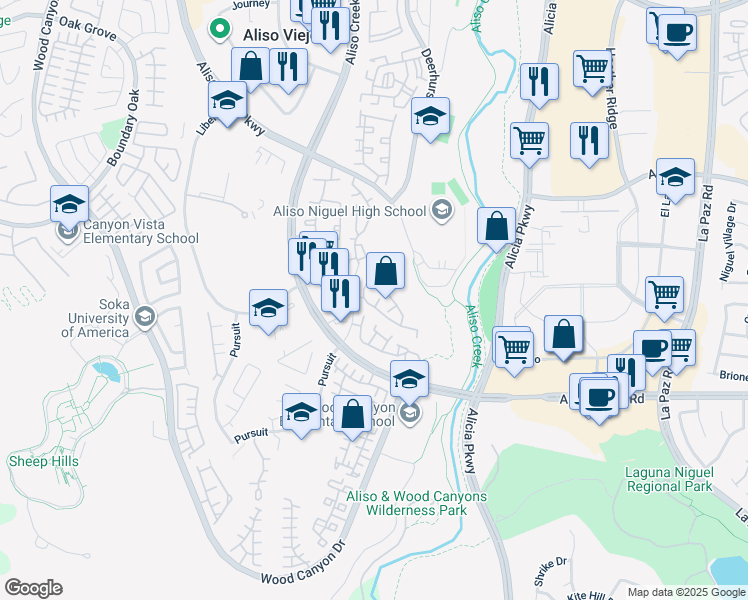 map of restaurants, bars, coffee shops, grocery stores, and more near 181 Matisse Circle in Aliso Viejo