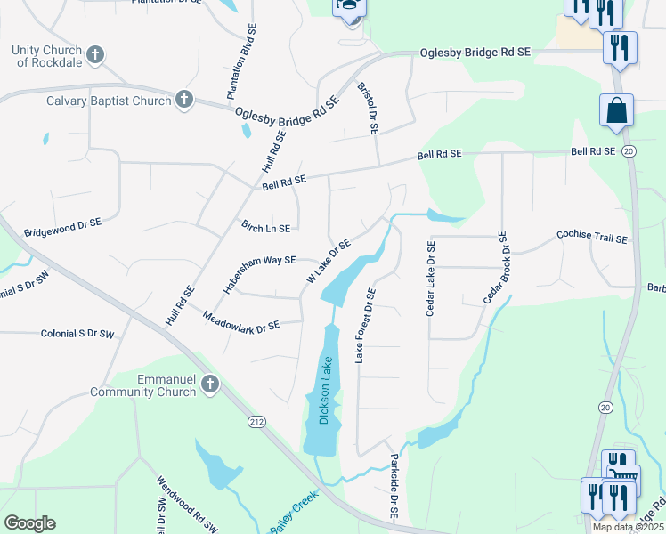 map of restaurants, bars, coffee shops, grocery stores, and more near 4811 West Lake Drive Southeast in Conyers