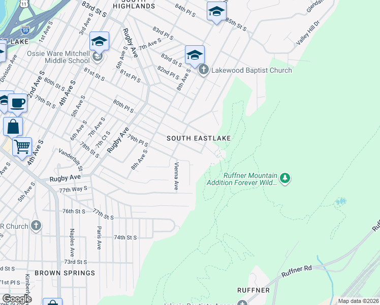 map of restaurants, bars, coffee shops, grocery stores, and more near 925 80th Street South in Birmingham
