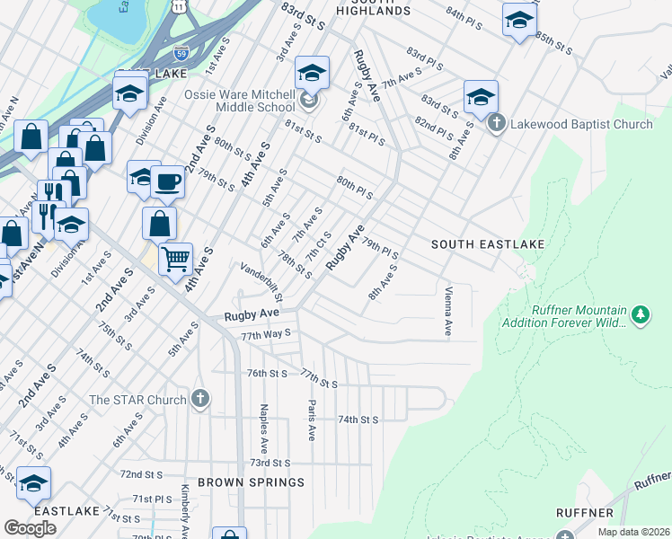 map of restaurants, bars, coffee shops, grocery stores, and more near 7824 Rugby Avenue in Birmingham