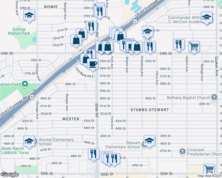 map of restaurants, bars, coffee shops, grocery stores, and more near 5101 38th Street in Lubbock