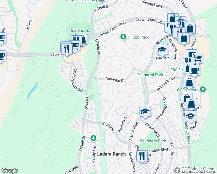 map of restaurants, bars, coffee shops, grocery stores, and more near 16 Kingsway Drive in Mission Viejo