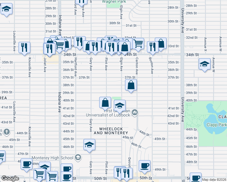 map of restaurants, bars, coffee shops, grocery stores, and more near 3009 38th Street in Lubbock